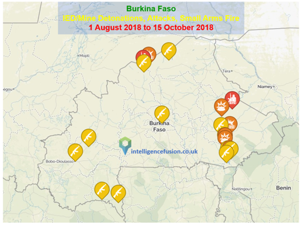 A map depicting IED, detonations and small arms fire attacks in Burkina Faso during August to October 2018